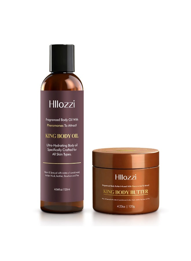 Hllozzi Fragrance Body Care Set | Pheromone Fragrance Body Oil + Body Butter | Sandalwood, Amber, Leather Notes | Moisturizing and Long-Lasting Fragrance Set 120ML - Image 1